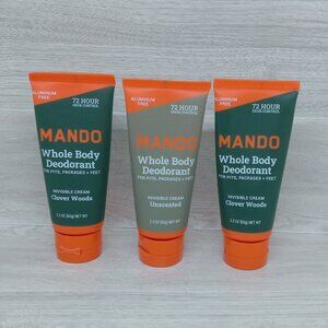 3x Mando Whole Body Deodorant Invisible Cream Unscented + Clover Woods 72 Hour